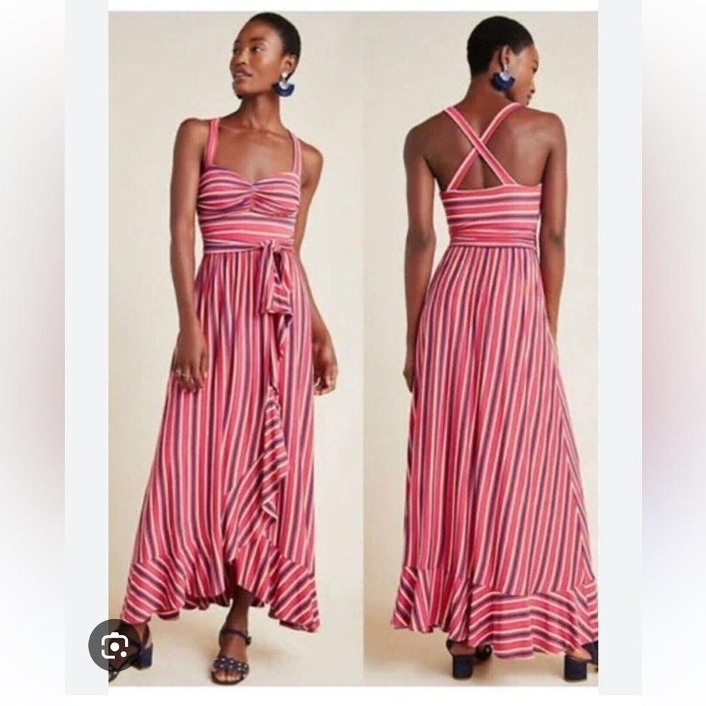 Anthropologie Coral, Pink, blue, and Cream Halter Sundress